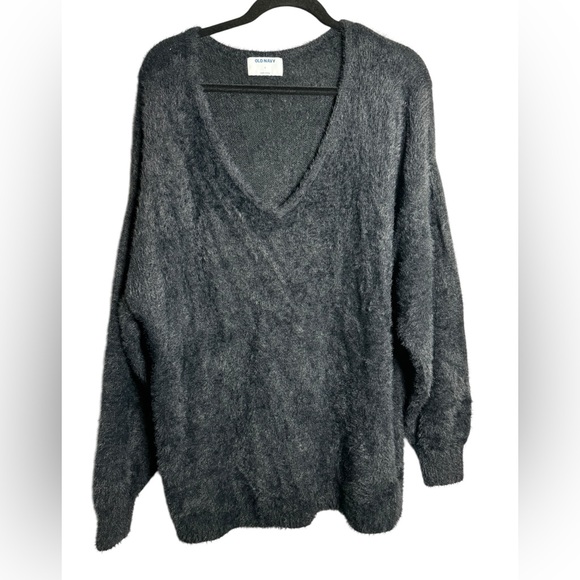 Black Old Navy fuzzy v-neck sweater oversized Large Soft cozy winter lounge - Picture 1 of 3